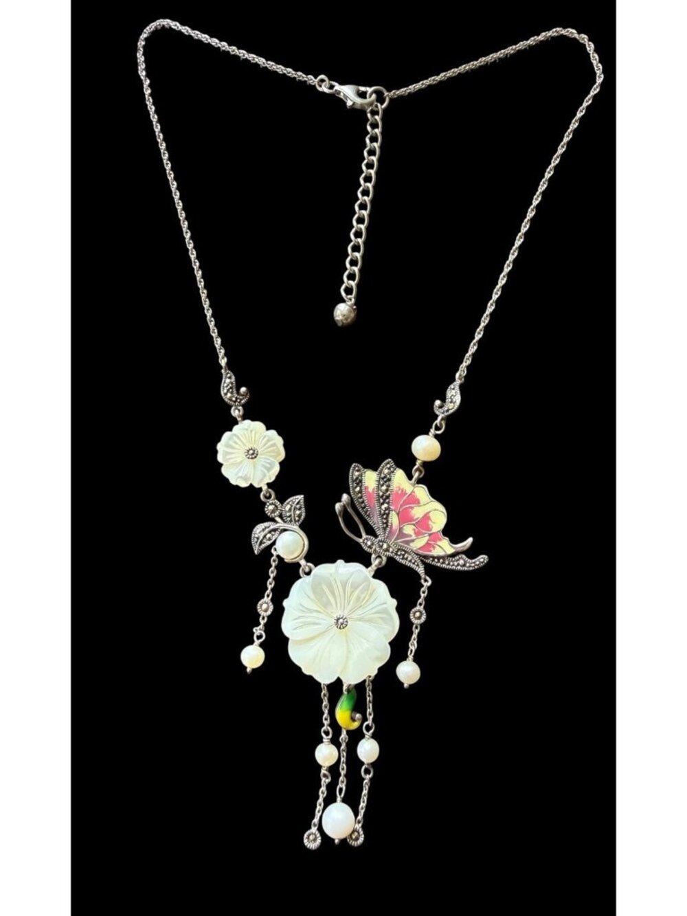 Vintage 925 Sterling Silver Carved MOP Flower Enameled Butterfly Necklace